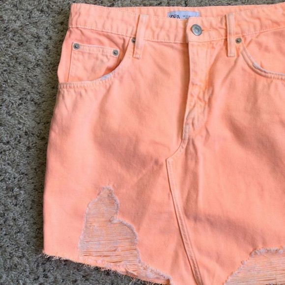 Zara Denim Neon Orange Jean Skirt Distressed Size Small - Picture 3 of 4